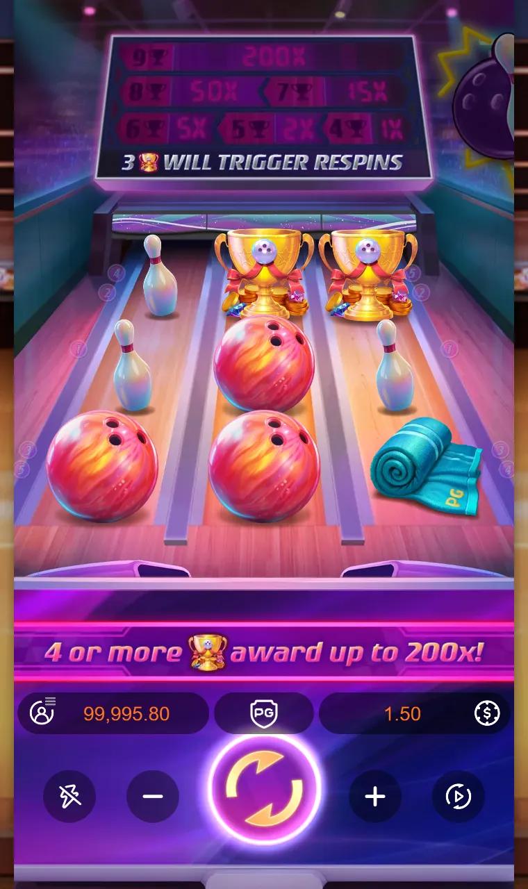 Perfect Strike bowling lanes with two trophy cups on the top row under the neon 200x scoreboard, one short of the respin trigger