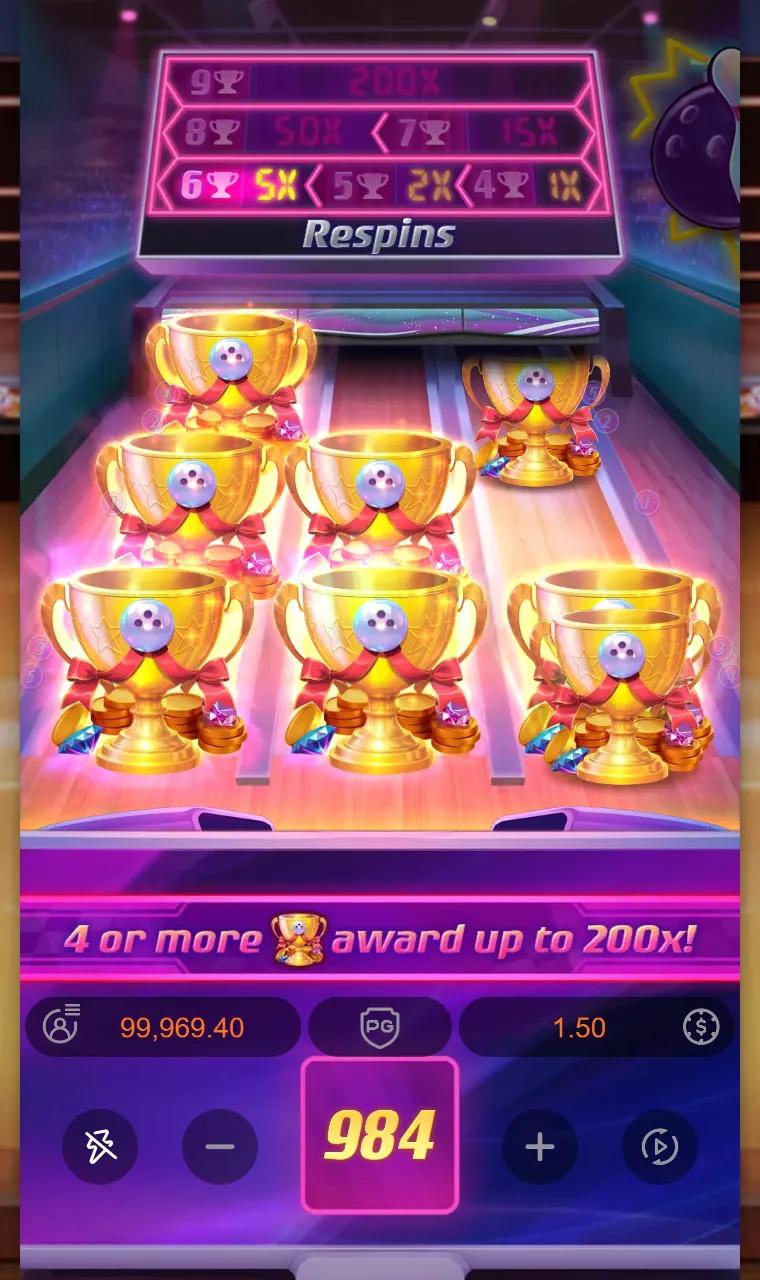Perfect Strike trophy respins with six gold cups locked on the lanes and the 5x rung lit