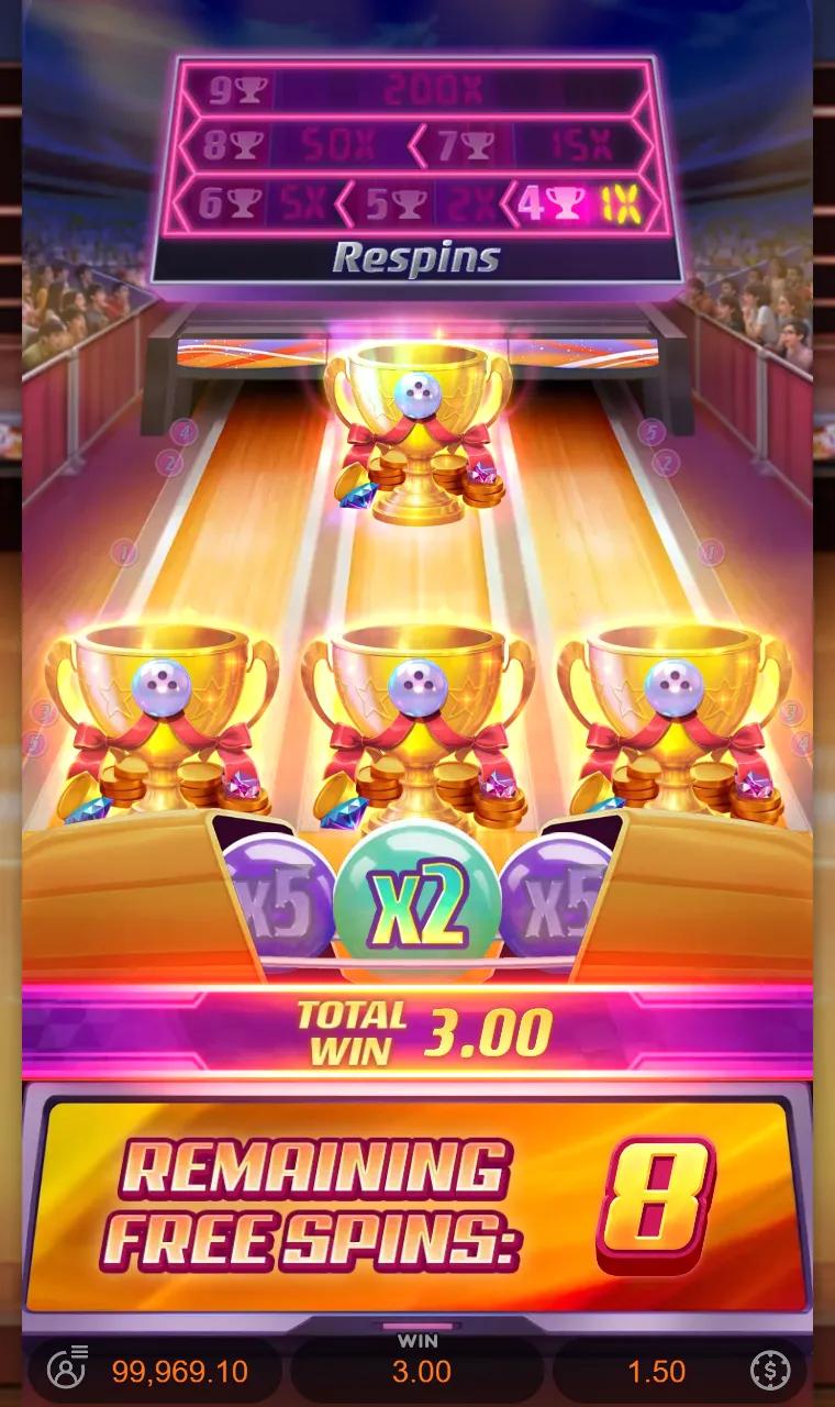 Perfect Strike trophy respins inside free spins paying the 1x rung doubled by an x2 multiplier