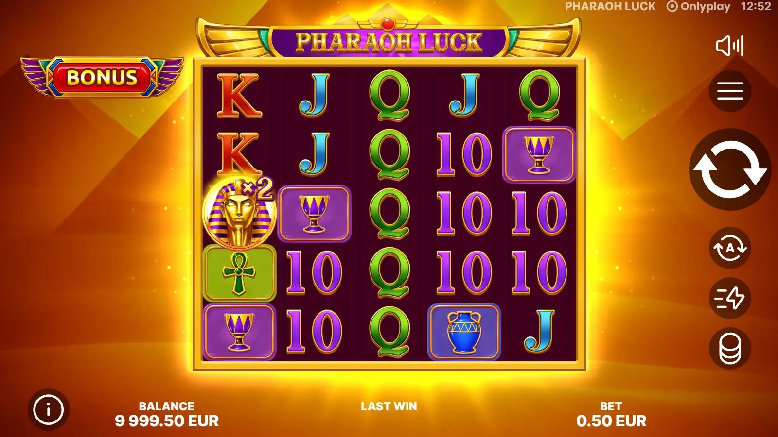 Pharaoh Luck slot gameplay showing the 5x5 Egyptian grid with a golden Pharaoh multiplier mask, ankh, scarab and card symbols