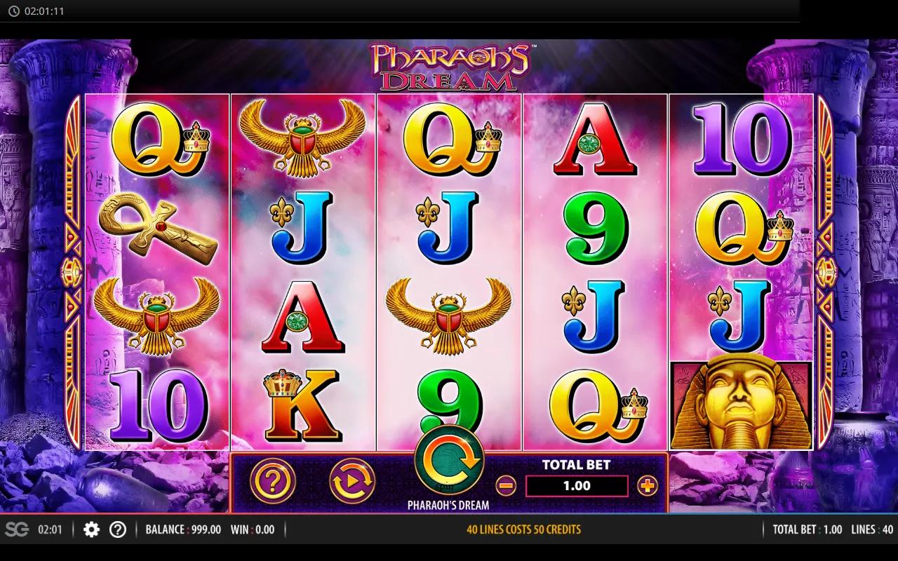Pharaoh's Dream slot by Light & Wonder, 5x4 reels with purple temple columns under a pink Egyptian sky.