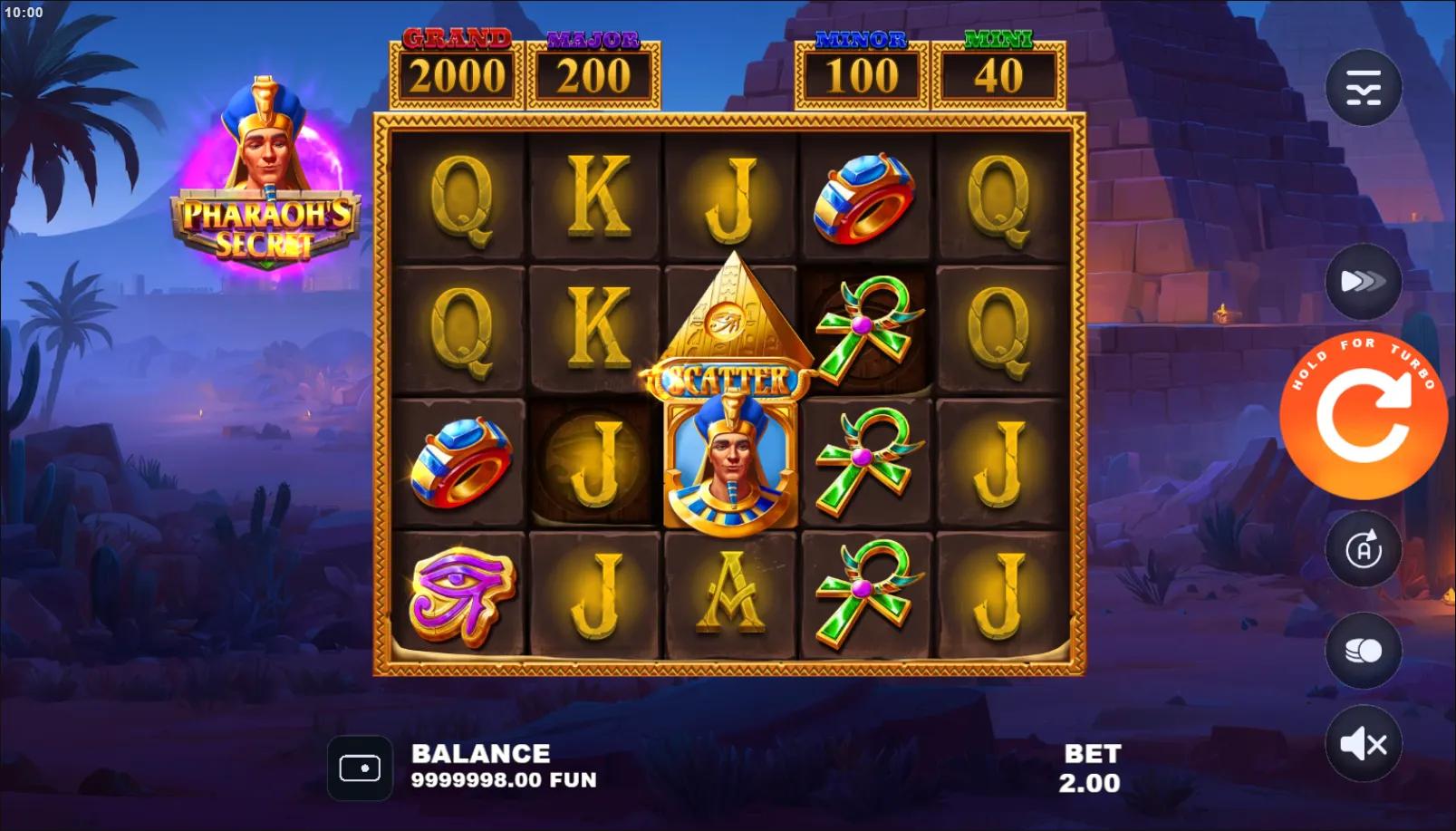 Pharaoh"s Secret slot gameplay showing 5x4 paylines grid with two pyramid Scatters and a bonus coin