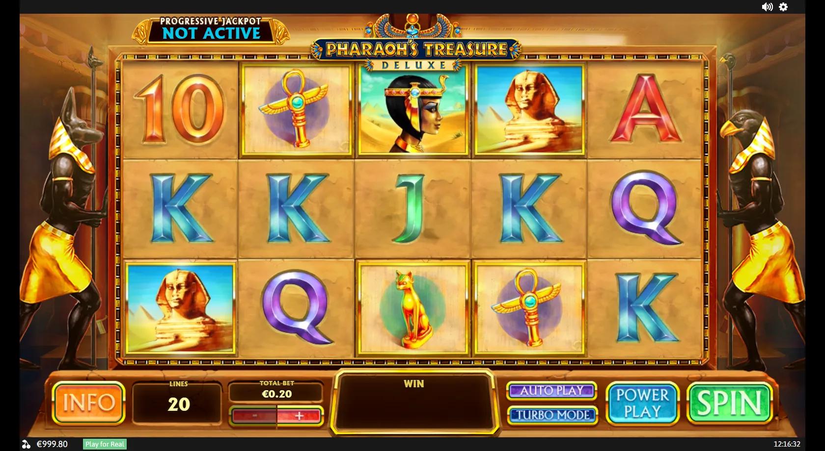 Pharaoh's Treasure Deluxe gameplay showing a 5x3 Egyptian reel set with Cleopatra, the Sphinx, an ankh and the deluxe wild