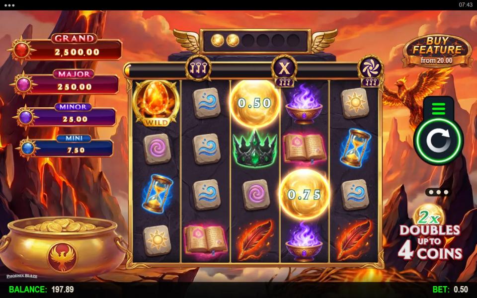 Phoenix Blaze reels showing the fire egg wild and two gold coin symbols, with four jackpot plaques down the left and a phoenix flying beside the volcanic backdrop