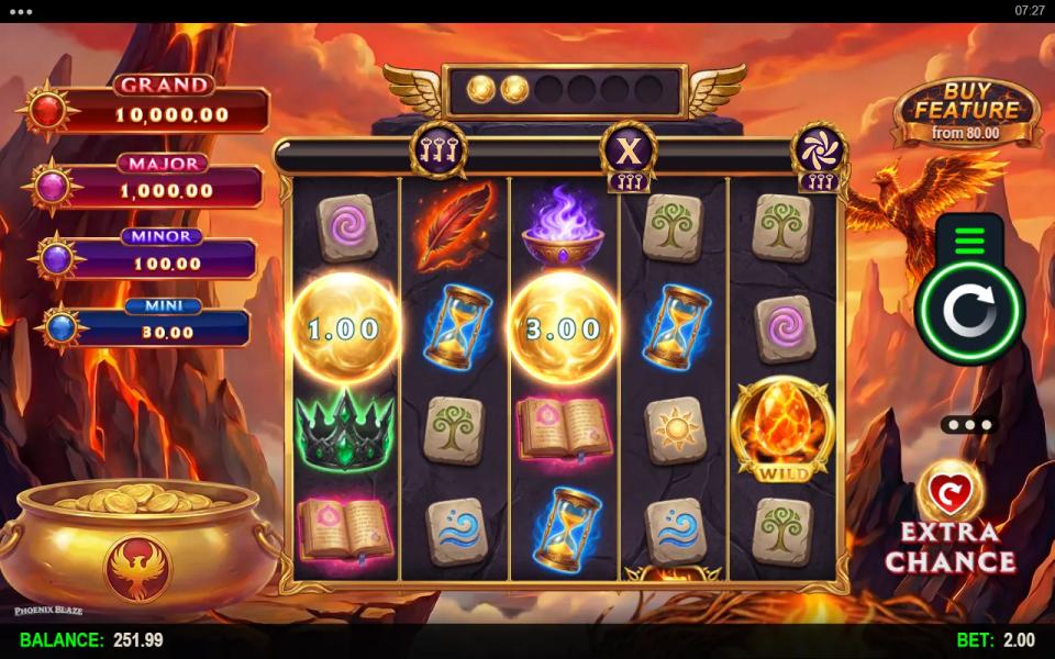 Phoenix Blaze reels with two coin symbols on the board and two orbs lit in the six-slot meter above the grid