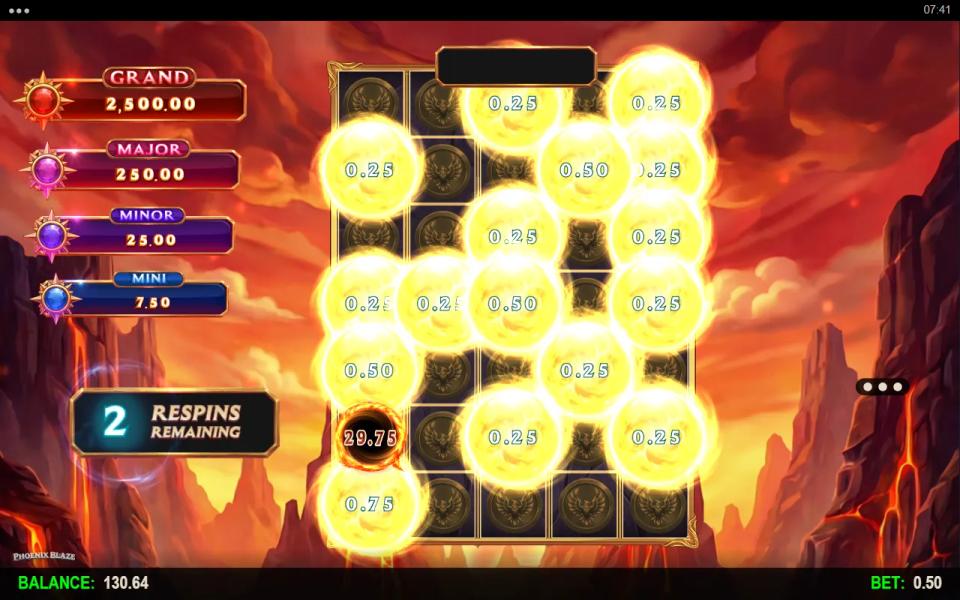 Phoenix Blaze hold and win grid filled with small coins around a dark collector coin holding a much larger running total