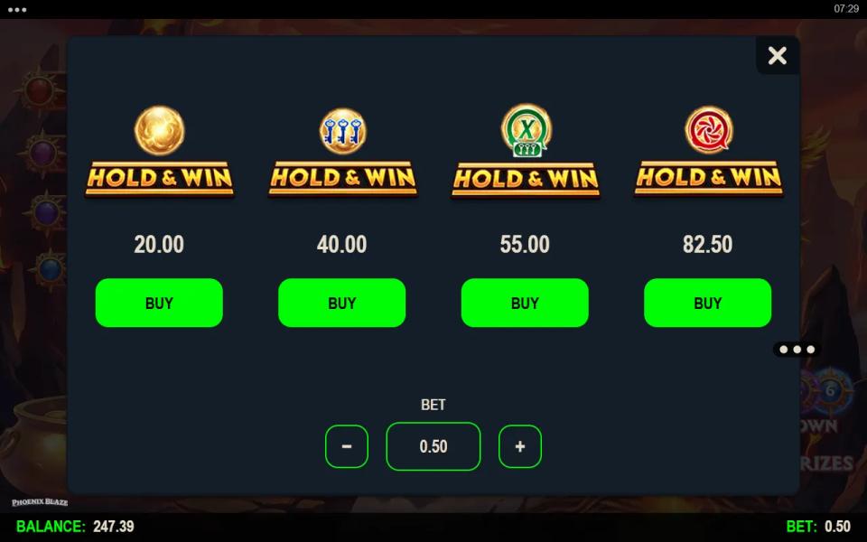 Phoenix Blaze buy feature menu listing four hold and win purchase options at four prices