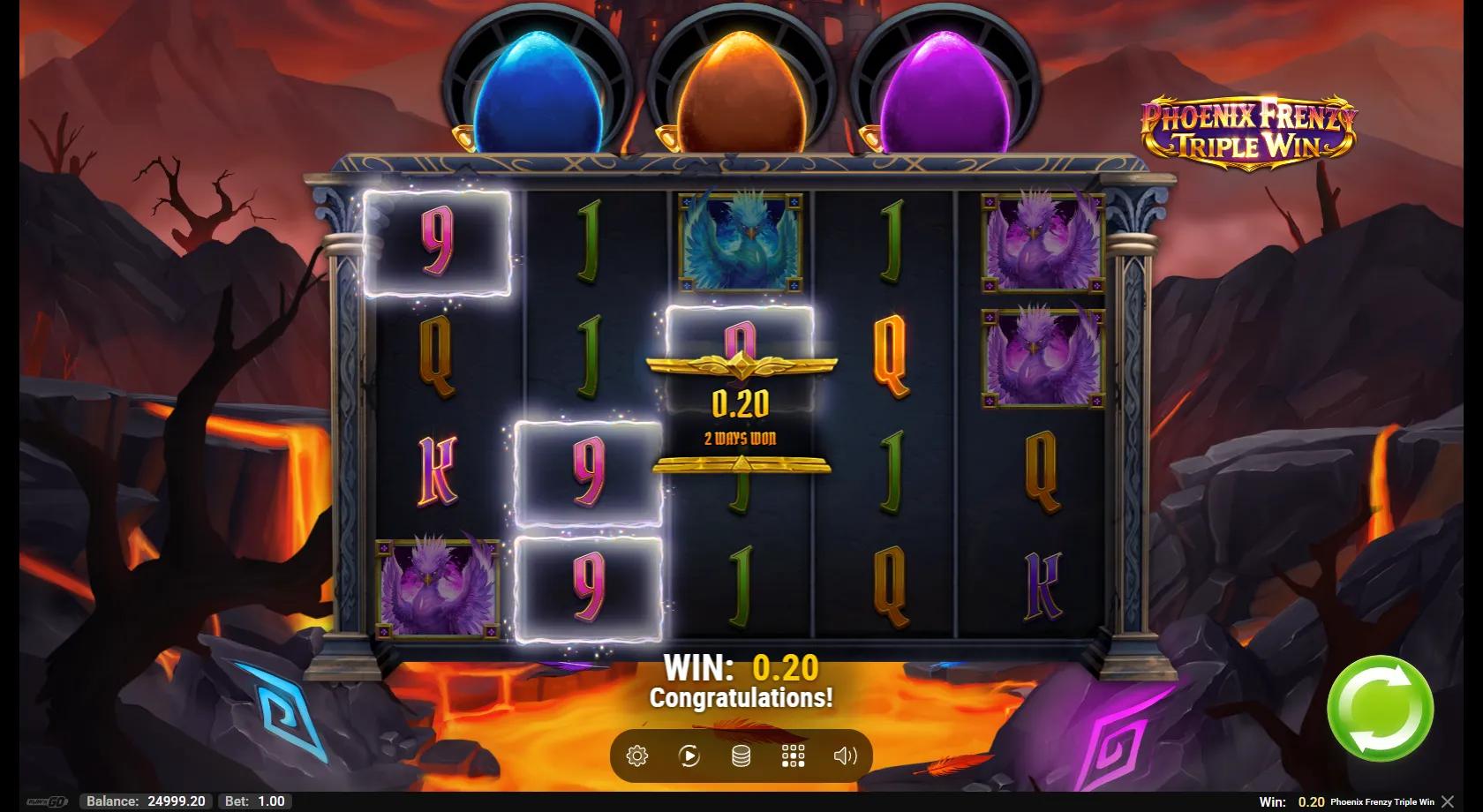 Phoenix Frenzy Triple Win gameplay showing the 5x3 ways grid with phoenix symbols and the three colored eggs above the reels