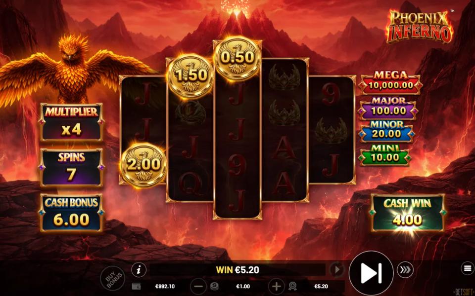 Phoenix Inferno diamond-shaped 3-4-5-4-3 reels with gold coins on the first three reels collected into a Cash Win panel