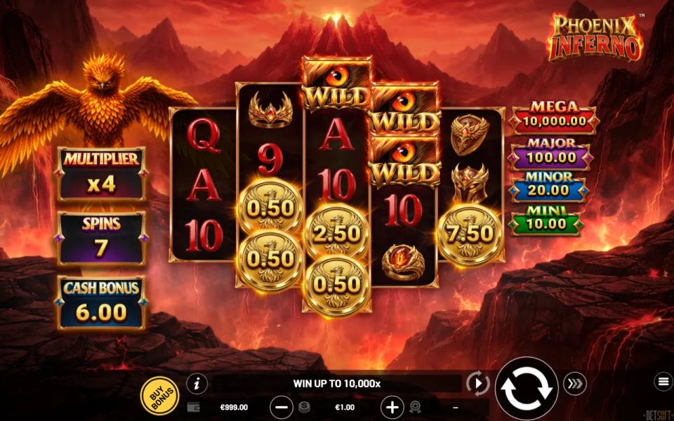 Phoenix Inferno multiplier plaque at x4 and cash bonus at 6.00 after the phoenix collected three scatters