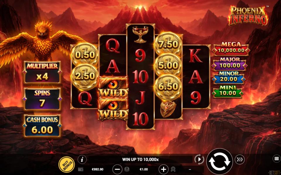 Phoenix Inferno coins on reels one and four with two wilds on reel two breaking the coin chain