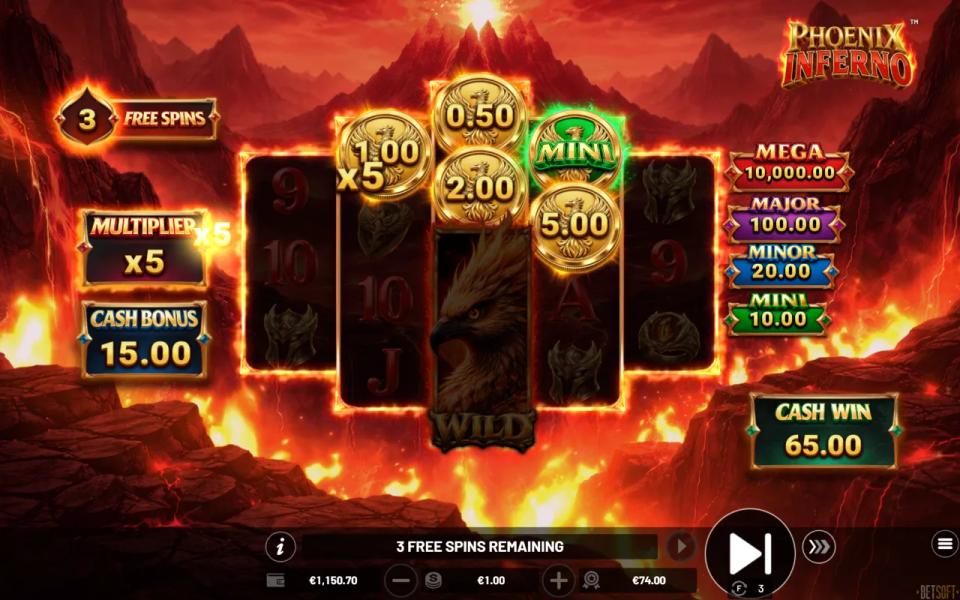 Phoenix Inferno free spin with x5 coins and a MINI jackpot coin on reels two to four and an empty first reel