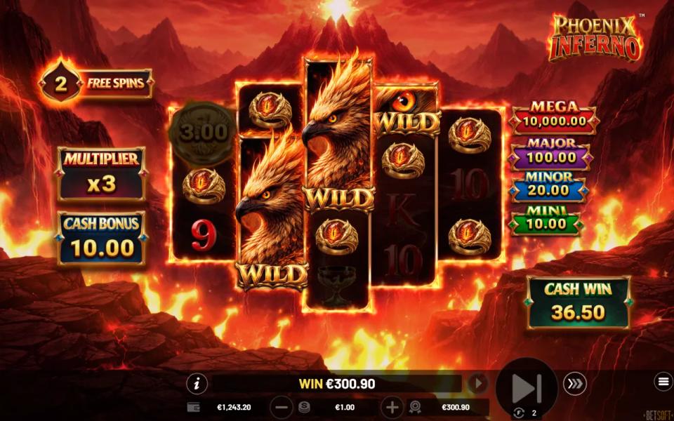 Phoenix Inferno stacked wilds on reels two and three carrying rings across all five reels in free spins