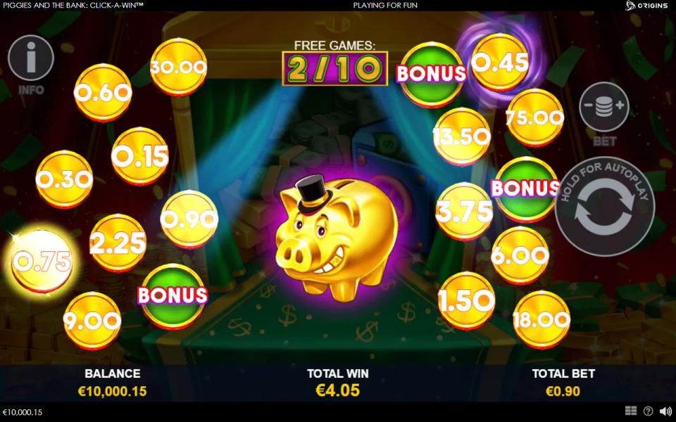 Free games running with a golden piggy bank on a green carpet, the counter at 2 of 10 and the same ring of coins around it