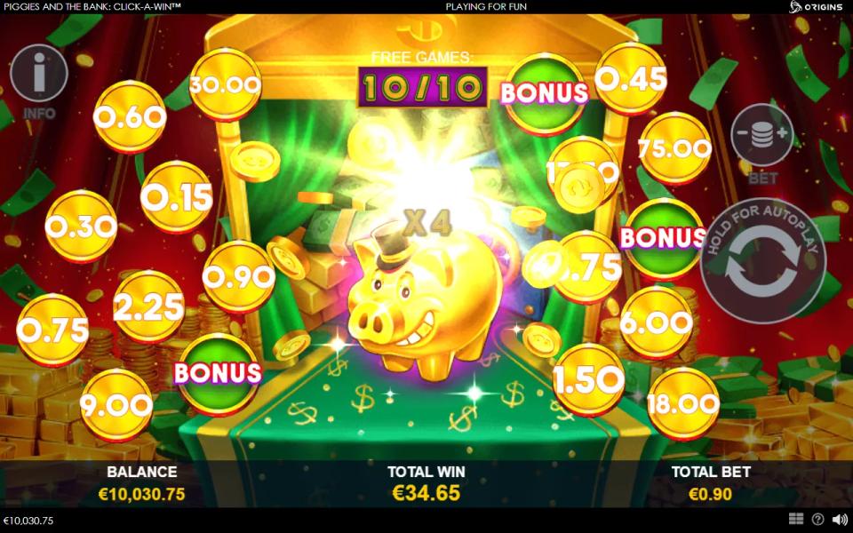 An X4 Mystery Multiplier bursting out of the golden piggy bank on the last free game, coins flying across the board