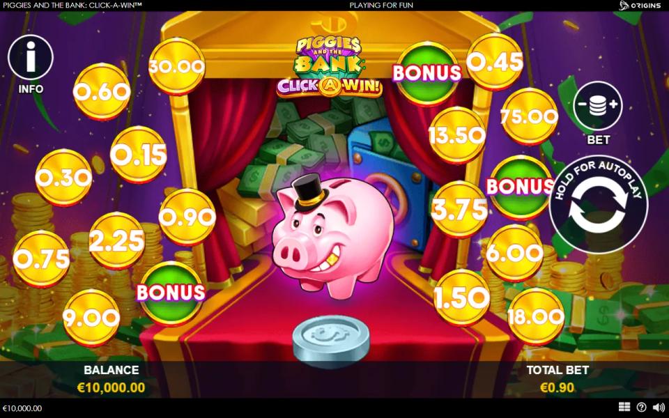 The base board at a 0.90 total bet, cash coins labelled from 0.15 up to 75.00 around the piggy bank, with the silver coin ready to toss