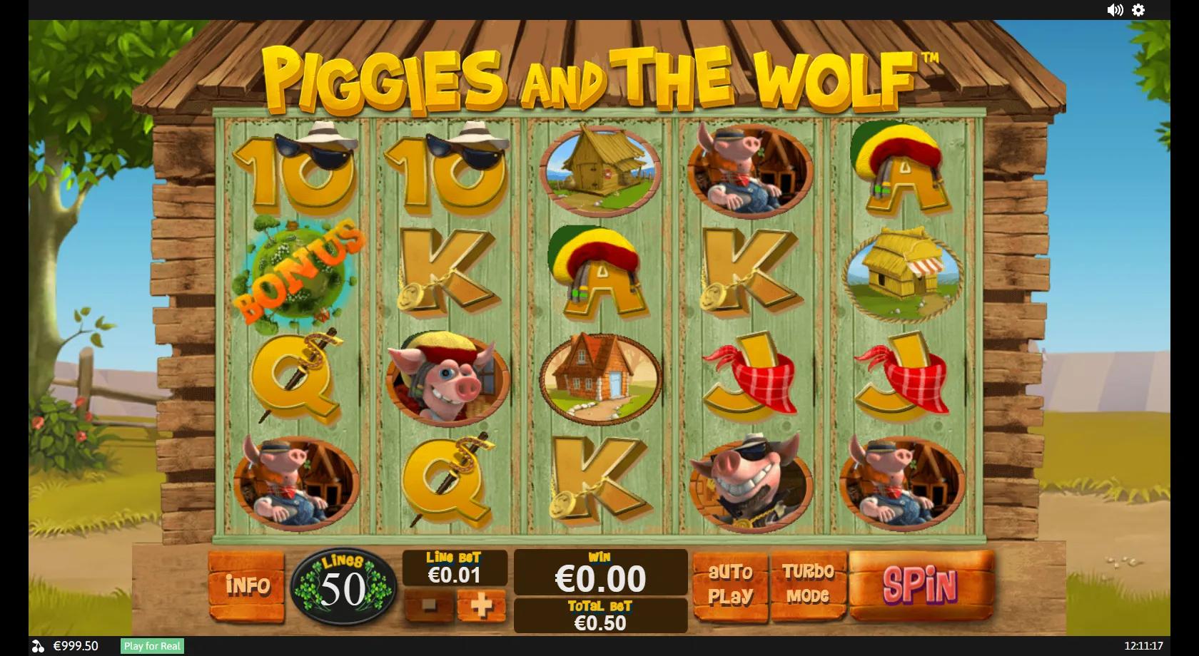 Piggies and the Wolf gameplay showing a 5x4 farmyard reel set with the wolf wild, three pigs, their houses and bonus globes