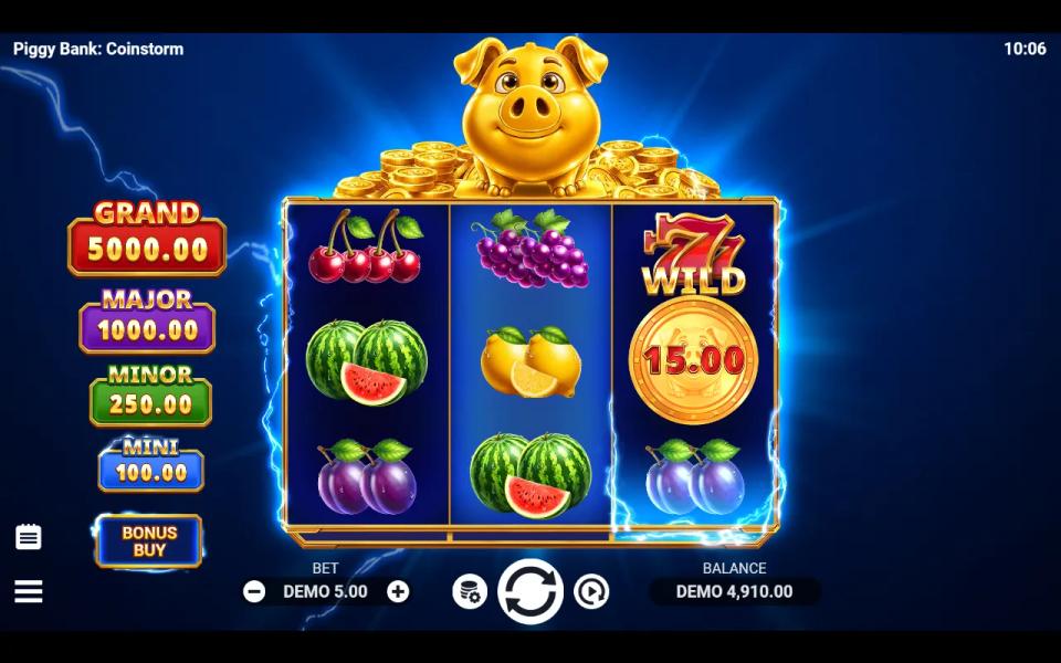 Piggy Bank Coinstorm base game on a 3x3 grid of fruit symbols, with the red 777 wild sitting directly above a prize coin printed 15.00 on the third reel and no collector orb on the middle reel, the four jackpot plaques stacked down the left edge