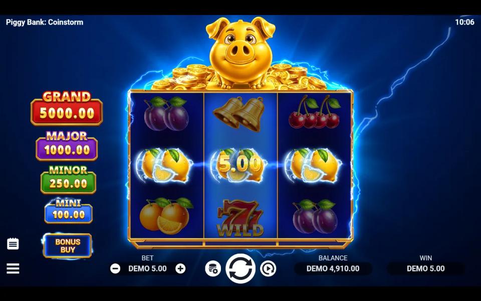 Piggy Bank Coinstorm base game paying a line win equal to the stake on a 3x3 grid