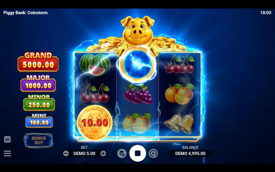 Piggy Bank Coinstorm base game with a prize coin printed 10.00 on the first reel and the blue collector orb on the middle reel, the combination that pays