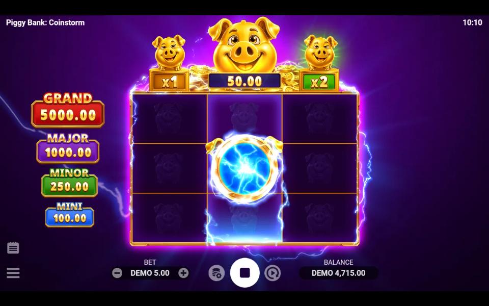 Piggy Bank Coinstorm bonus game on a purple board holding only coins, orbs and empty positions, the collector showing an accumulated 50.00 with multiplier badges above the outer reels and one spin remaining