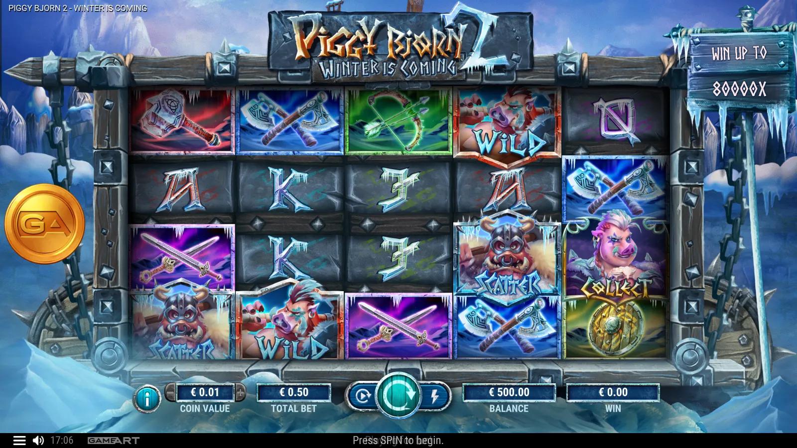 Piggy Bjorn 2 Winter is Coming slot gameplay showing the 5x4 Viking grid with battle axes, war hammers, rune symbols and a Fury boar Scatter