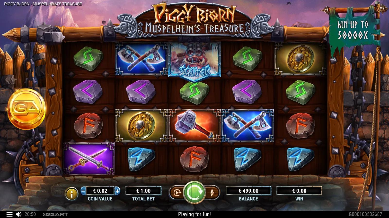 Piggy Bjorn Muspelheim's Treasure slot gameplay showing the 5x4 Viking grid of axe, hammer, sword and shield symbols with carved rune stones and a boar Scatter