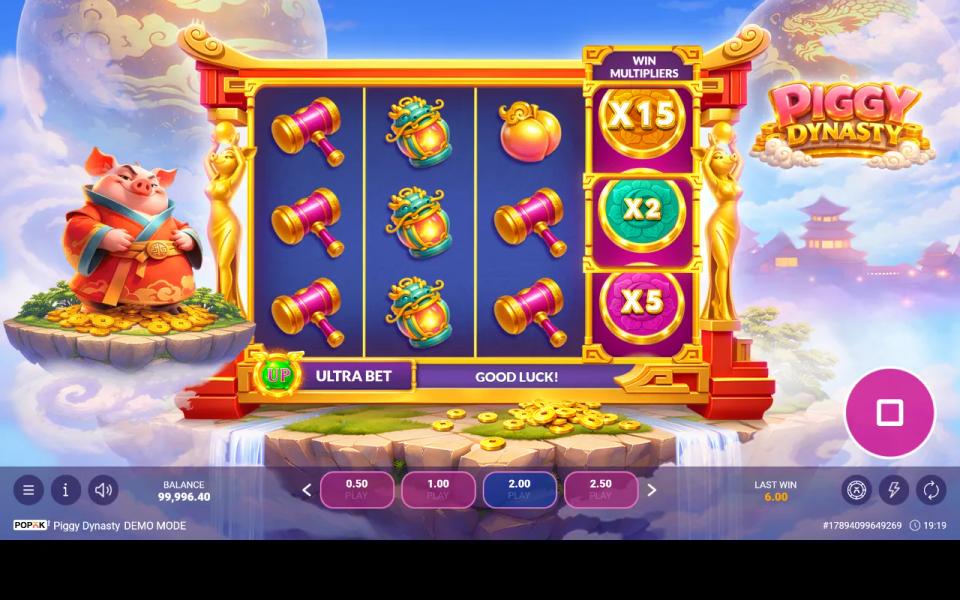 Three identical drums stacked in the first reel of the Piggy Dynasty 3x3 grid paying nothing, with X15 one cell above the multiplier column's centre