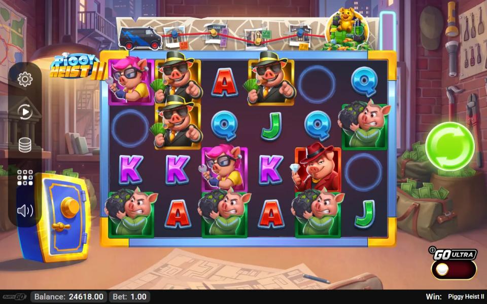 Piggy Heist II base game on six reels and four rows, pig characters and royal letters across the grid, with the Vault Trail of heist locations running above the reels