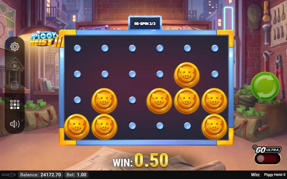 Hold'n Win respin two of three, nine gold pig coins sitting face down across the grid while the win counter reads 0.50