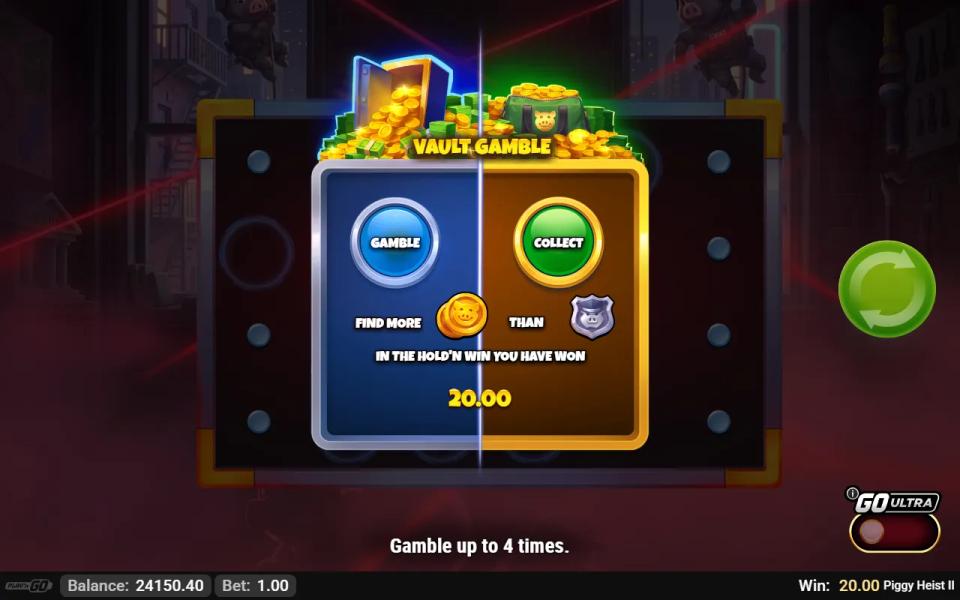 The Vault Gamble screen offering GAMBLE or COLLECT on a Hold'n Win total of 20.00, with a line reading that it can be gambled up to four times