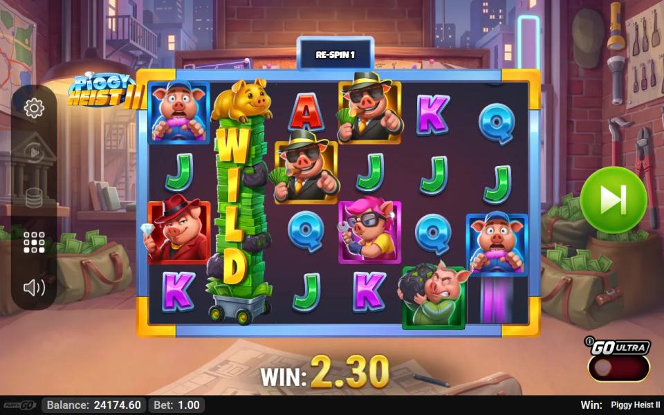 A walking wild stacked to full height on the second reel during the first of its free respins, with 2.30 on the win counter