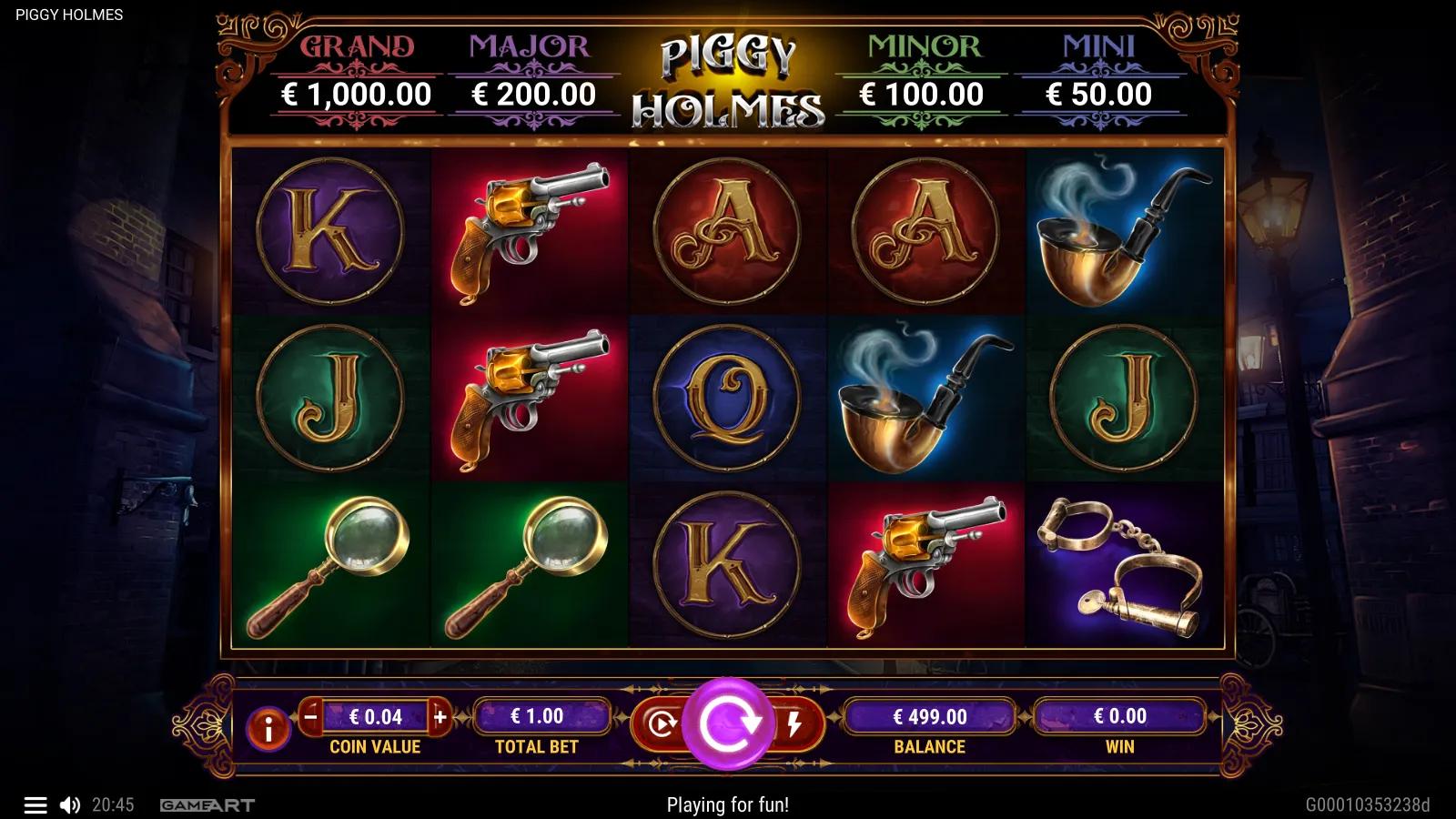 Piggy Holmes slot gameplay showing the 5x3 reels with revolver, pipe, handcuffs and magnifying-glass detective symbols beneath a jackpot ladder