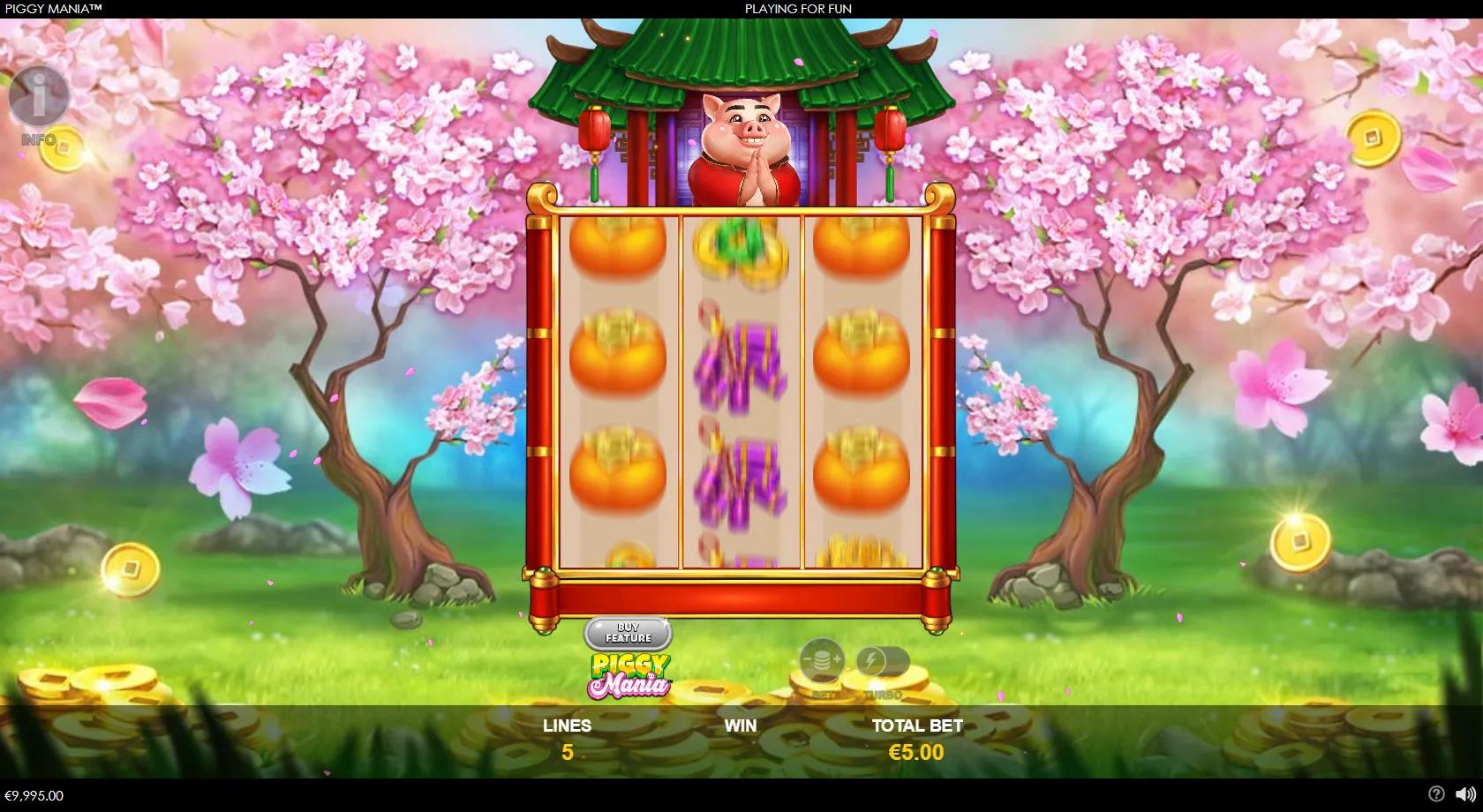 Piggy Mania slot gameplay showing a 3x3 Chinese-lucky grid of gold ingots, money bags and persimmons with a rich pig in a pagoda and a WIN UP TO x2500 banner
