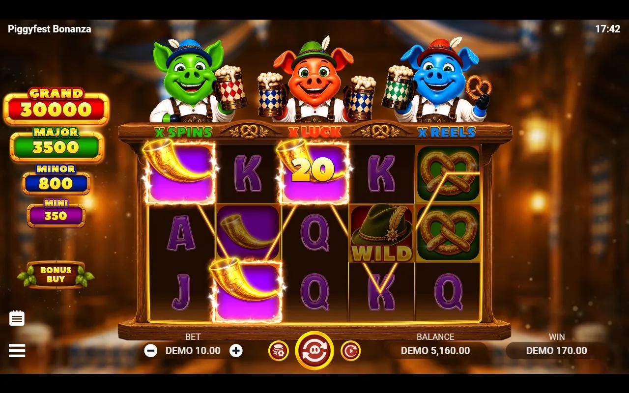 Piggyfest Bonanza slot 5x3 reels with a golden horn payline win, the Alpine hat Wild on reel 4 and GRAND 30000 jackpot meter