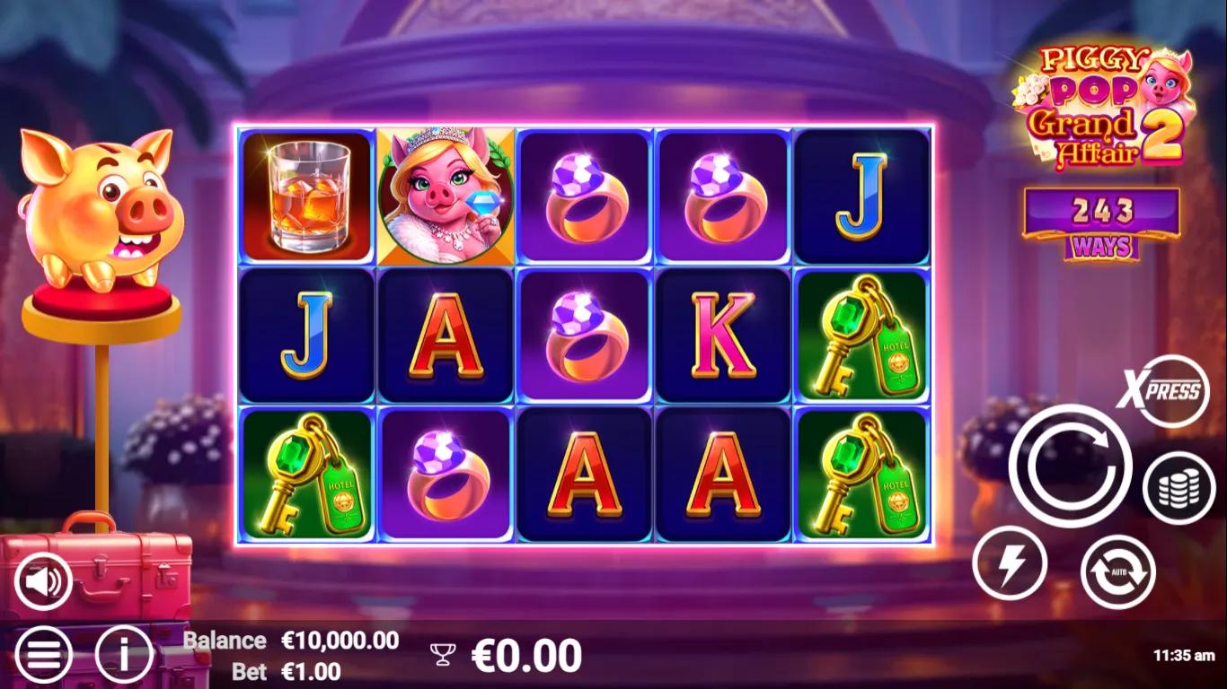 PiggyPop Grand Affair 2 by AvatarUX slot gameplay showing 5x3 grid with Princess Piggy, diamond ring and 243 ways counter