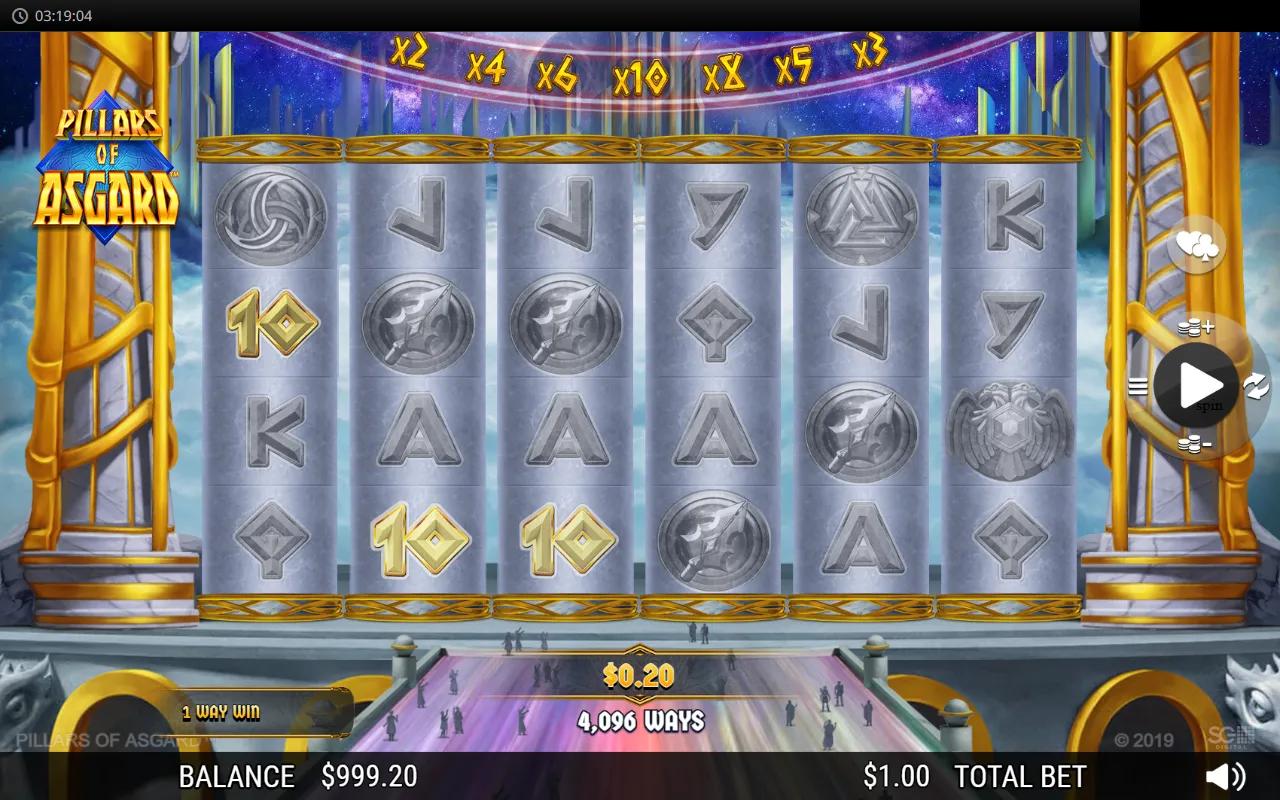 Pillars of Asgard slot gameplay showing 6x4 grid, 4,096 ways and the Eye of Odin wild multiplier arc above the reels