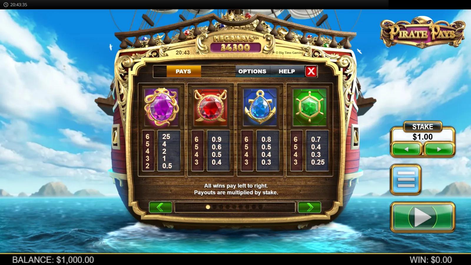Pirate Pays Megaways slot PAYS screen showing jewelled treasure symbol payouts on a galleon stern at sea