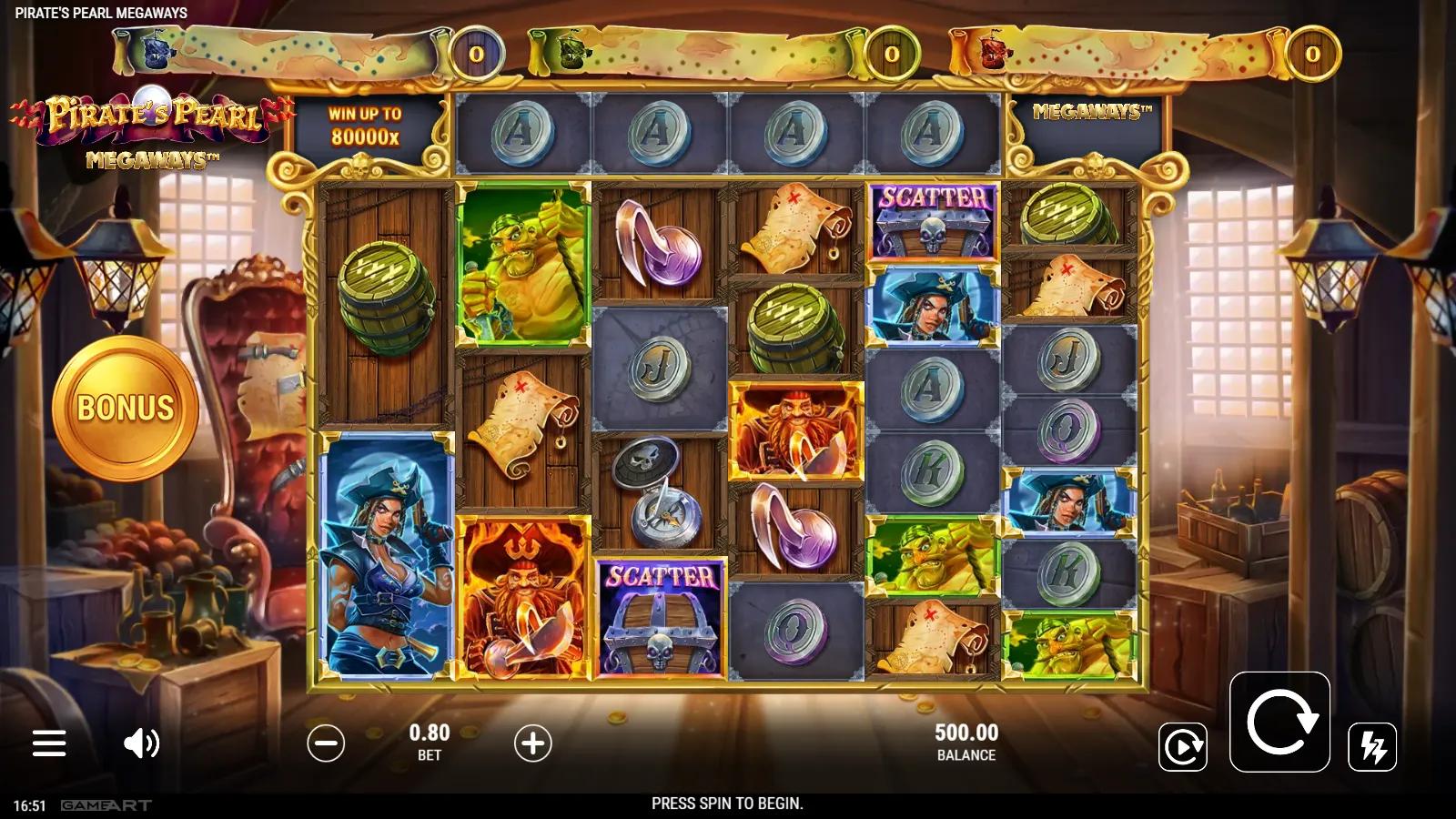 Pirate's Pearl Megaways slot gameplay showing the 6-reel Megaways grid in a pirate captain's cabin with pirate portraits and a treasure chest Scatter