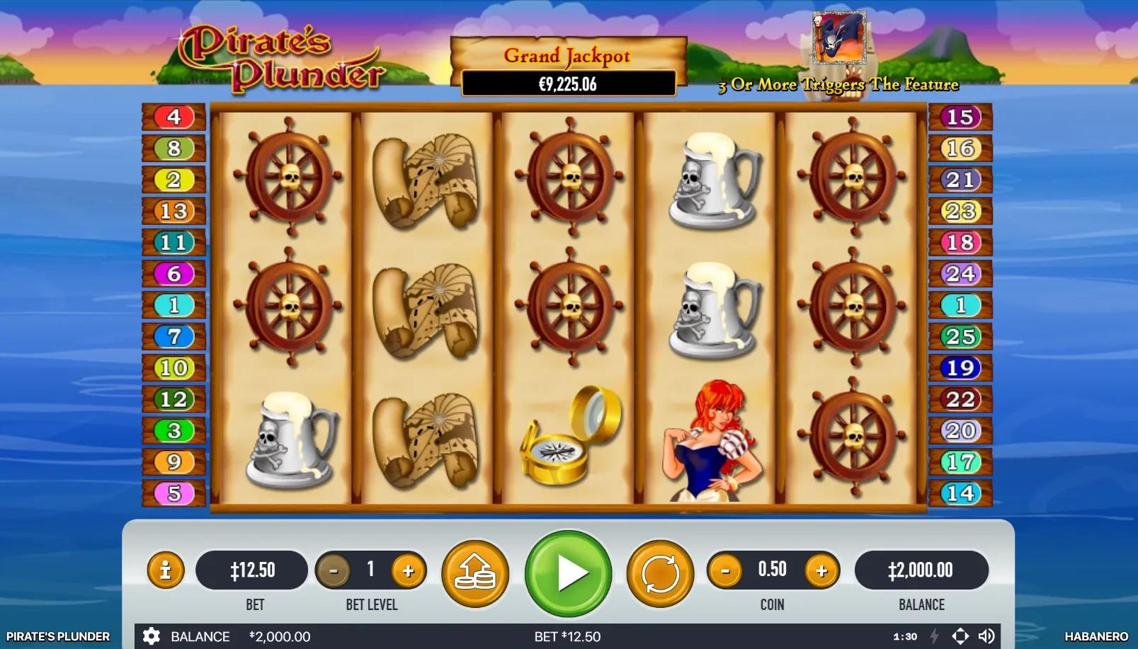 Pirate's Plunder slot gameplay showing 5x3 grid with treasure map, ship's wheel, compass and pirate captain symbols against a tropical sunset cove backdrop