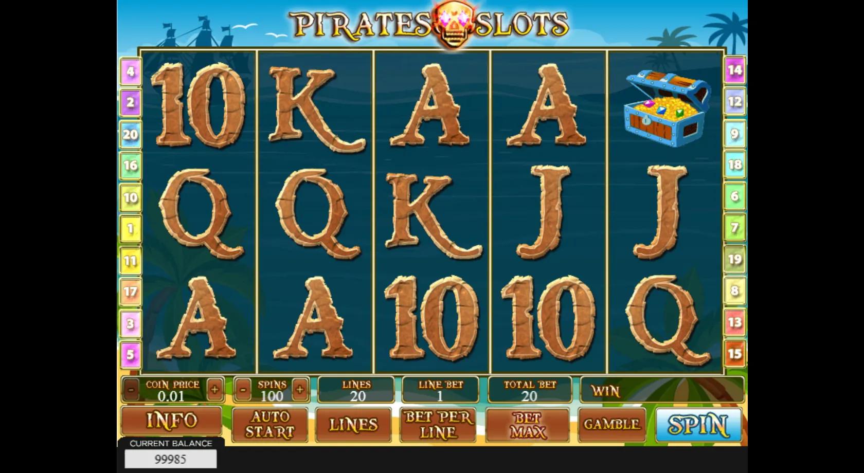 Pirates Slots gameplay showing a 5x3 tropical-beach reel set with a pirate boy, pirate girl, cutlasses and treasure chest symbols