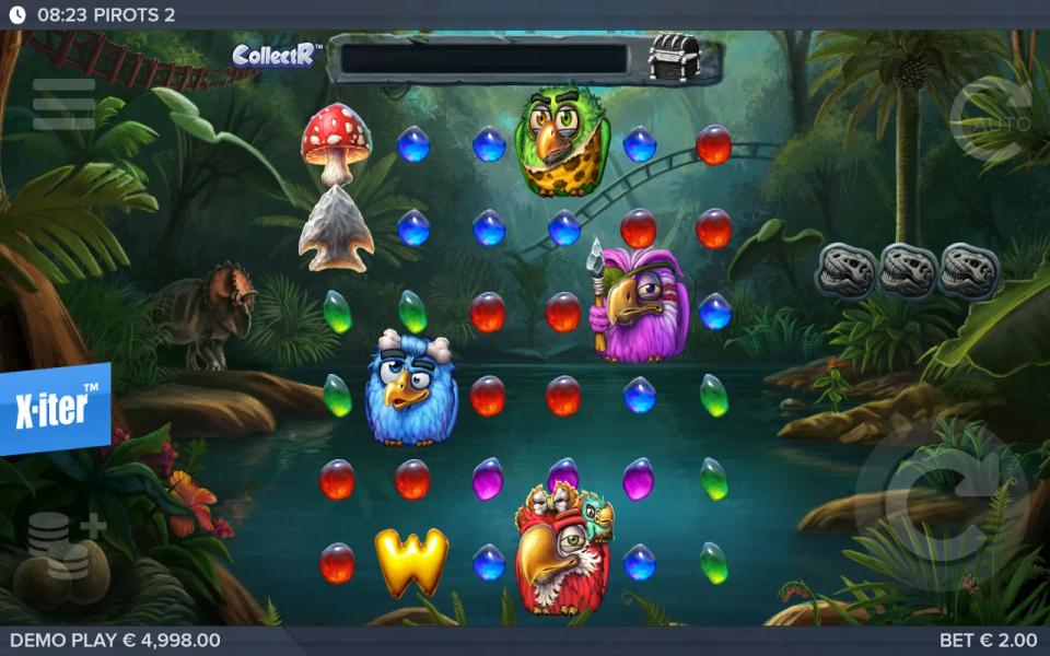 Pirots 2 base game board where none of the four birds has a matching amber symbol adjacent to it, so nothing is collected.