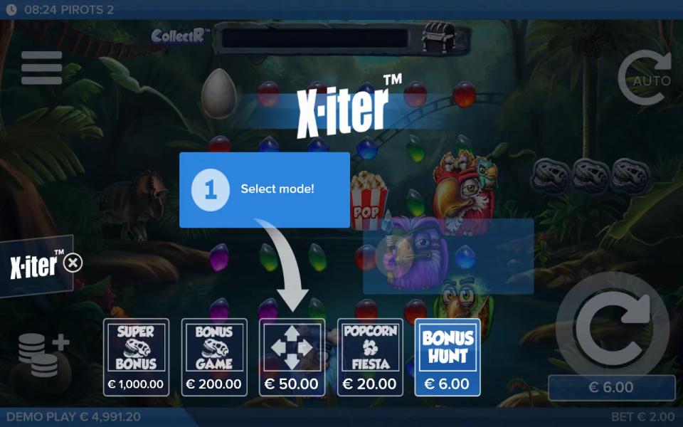 Pirots 2 X-iter menu listing five purchase modes priced from 6.00 to 1,000.00 at a two euro stake.