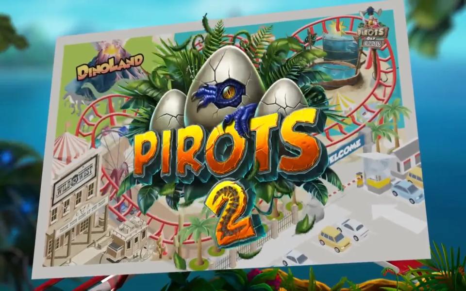 Pirots 2 title card showing the game logo over an illustrated map of DinoLand with a roller coaster and cracked dinosaur eggs.