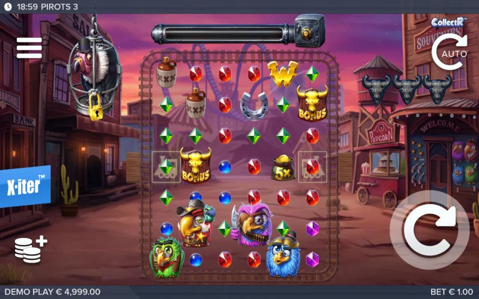 Pirots 3 base game on the 6x7 grid, all four collector birds standing among red, purple, green and blue gems with a bonus skull and a wild on the board