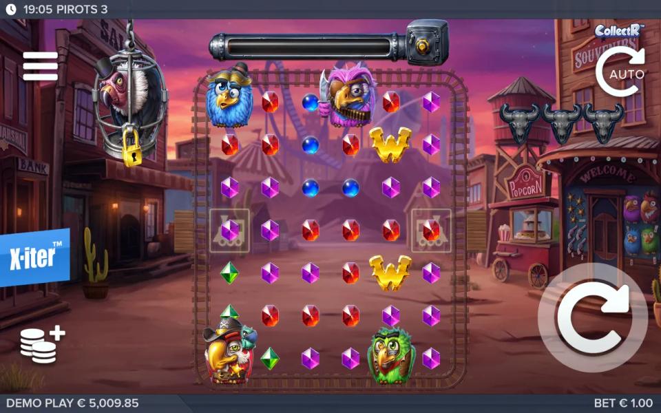 Pirots 3 6x7 board crowded with gems and two gold wild symbols that returned nothing because no bird could reach them