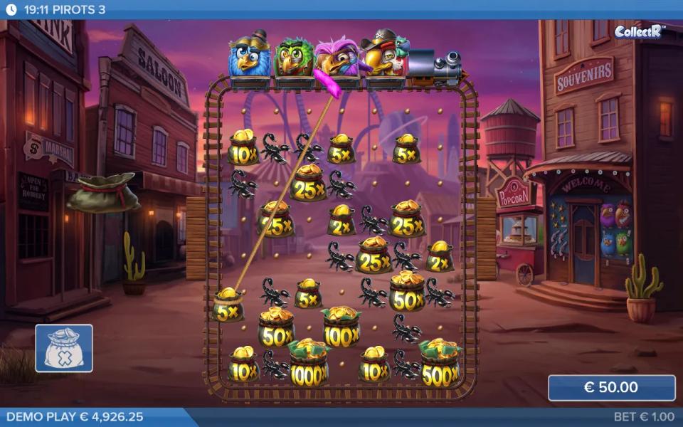 Pirots 3 coin game on the expanded 7x8 grid, money bags up to 1,000x scattered among scorpions while a bird lassos from the train