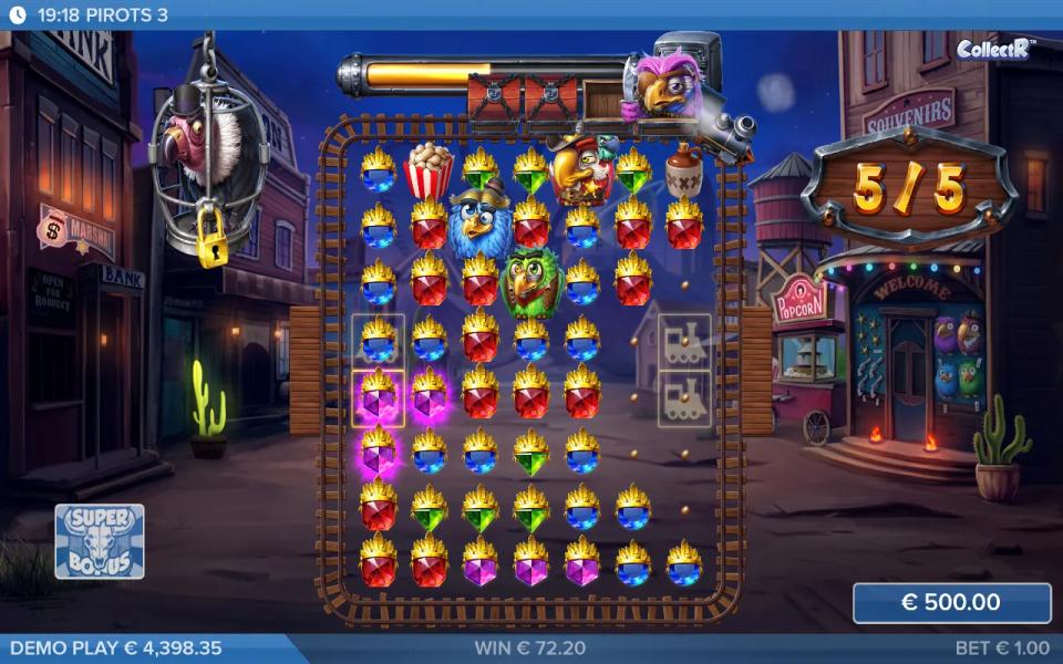 Pirots 3 super bonus on the maximum 7x8 grid with almost every gem wearing the level seven gold hat