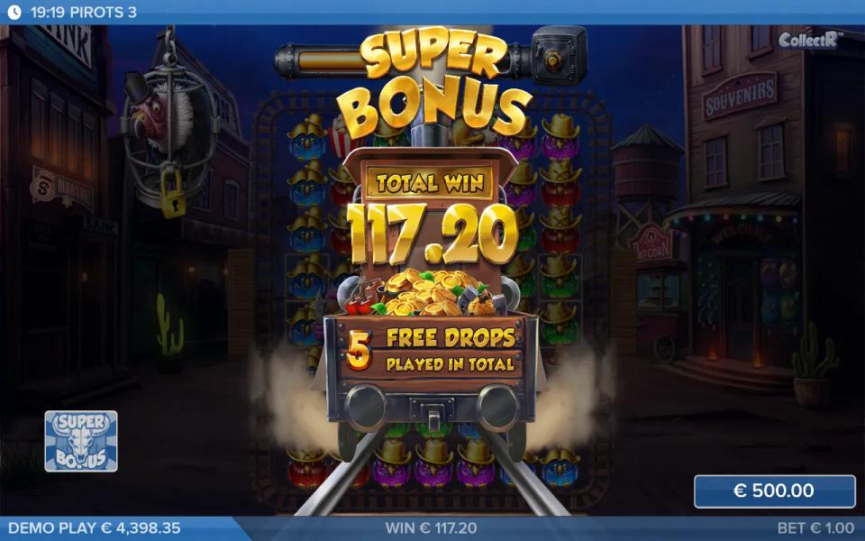 Pirots 3 super bonus closing card reading total win 117.20 after five free drops