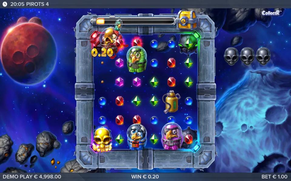 Pirots 4 base game on the 6x6 grid inside the space station frame, four parrots in spacesuits among red, purple, green and blue gems with a gold alien bonus skull